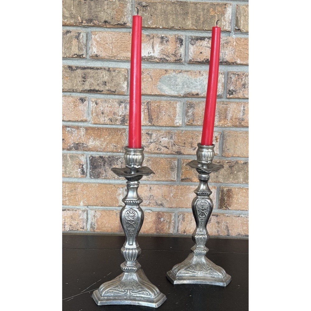 Vintage Ornate Metal Candlestick Holders Pair 9.5" Victorian Style Pewter Finish - Picture 3 of 8